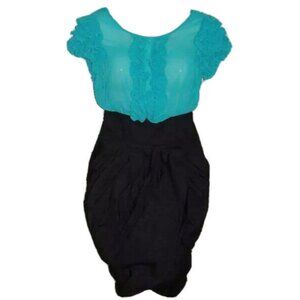 Tea/f Designer Teal & Black Ruffle Pleated Cocktail Evening Dress Size M NWOT